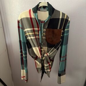 J W ANDERSON sz 4 Blue Long Sleeve Tie Plaid Button Down Leather Patch Pocket